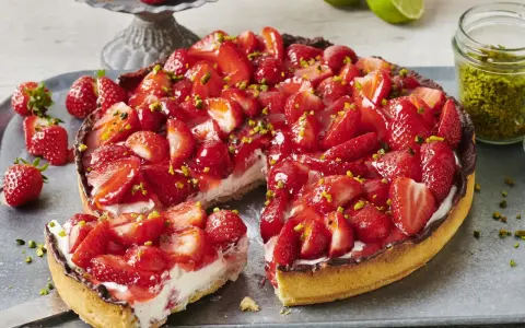 Saftiger Erdbeerkuchen mit frischen Erdbeeren, Sahne und gehackten Pistazien. Ein Traum für alle, die Rezepte mit Erdbeeren lieben!