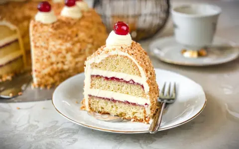 Ein Stück Frankfurter Kranz, das Rezept eines Konditors, mit Buttercreme und Kirschen verziert, umgeben von gehackten Nüssen.