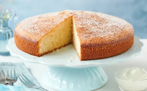 Ein **schneller saftiger Kuchen mit Joghurt**, bestäubt mit Puderzucker, auf einem hellblauen Tortenständer. Daneben eine Schale mit Sahne und Gabeln.