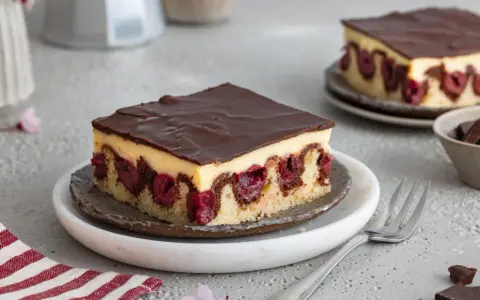 Ein Stück Donauwelle ohne Buttercreme, mit dunkler Schokoladenglasur, Kirschen und hellem Teig.
