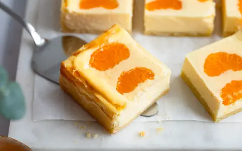 Saftige Stücke von faule weiber kuchen mit Mandarinen auf einem Marmorsockel.