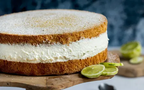 Saftige Quark Sahne Torte mit frischen Limettenspalten, bestäubt mit Puderzucker.