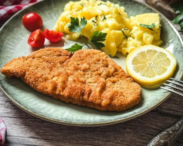 Perfekt gebratenes Putenschnitzel mit Kartoffelsalat, Tomaten und Zitrone auf einem Teller.