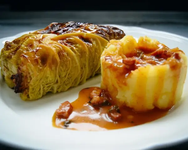 Ein goldbraunes Kohlrouladen-Rezept auf einem Teller, serviert mit Kartoffelpüree und einer herzhaften Sauce.