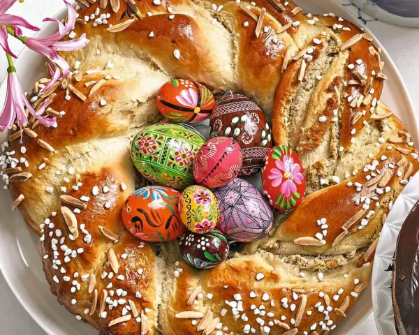 Bunter Osterkranz mit verzierten Eiern und Mandelsplittern, perfekt zum Backen zu Ostern.