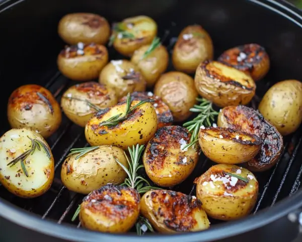 Gegrillte Rosmarinkartoffeln mit grobem Salz und Kräutern auf einem Rost.