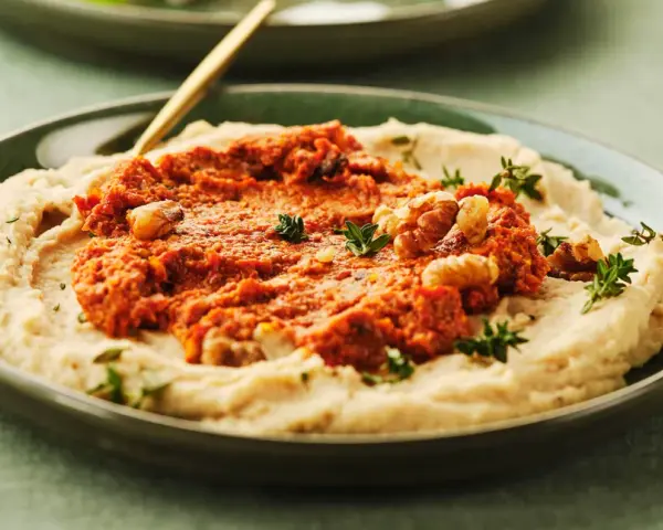 Cremiges Bohnenmus mit würziger Tomaten-Walnuss-Mischung und frischen Kräutern. Ein köstliches Rezept für Bohnenmus!