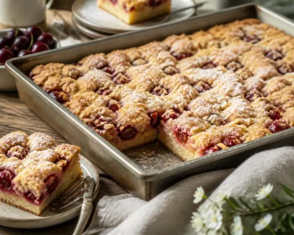 Ein saftiger Kirschstreuselkuchen im Blech, bestäubt mit Puderzucker. Daneben eine Schale frische Kirschen und ein Stück Kuchen auf einem Teller.