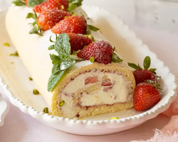 Erdbeer Biskuitrolle mit frischen Erdbeeren, Minze und Pistazien bestreut, auf einer weißen Servierplatte.