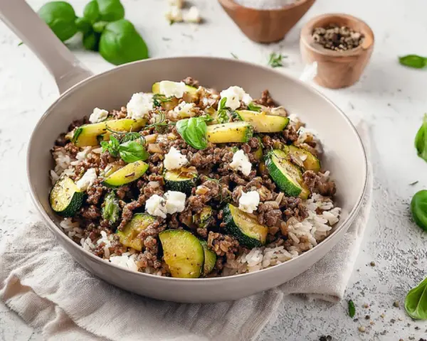 Herzhafte zucchini hackfleisch pfanne mit Reis und Feta, garniert mit frischem Basilikum.