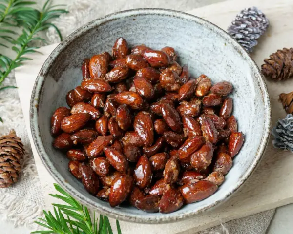 Schüssel mit glasierten, gebrannten Mandeln, zubereitet im Airfryer. Dekoriert mit Tannenzapfen und Tannenzweigen.