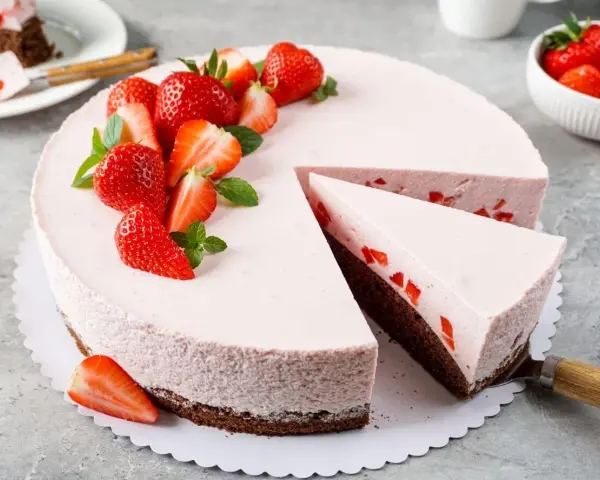 Ein köstlicher Erdbeer Schmand Kuchen in Springform, dekoriert mit frischen Erdbeeren und Minze. Ein Stück wurde bereits entnommen.