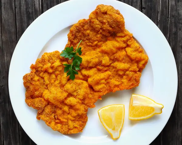 Ein knuspriges Schnitzel im Backofen, goldbraun paniert, mit Petersilie und Zitronenspalten auf einem weißen Teller serviert.