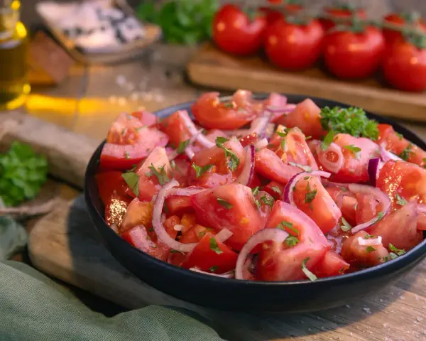 Frischer Tomatensalat mit roten Zwiebeln und Petersilie, perfekt für ein einfaches Tomatensalat Rezept.