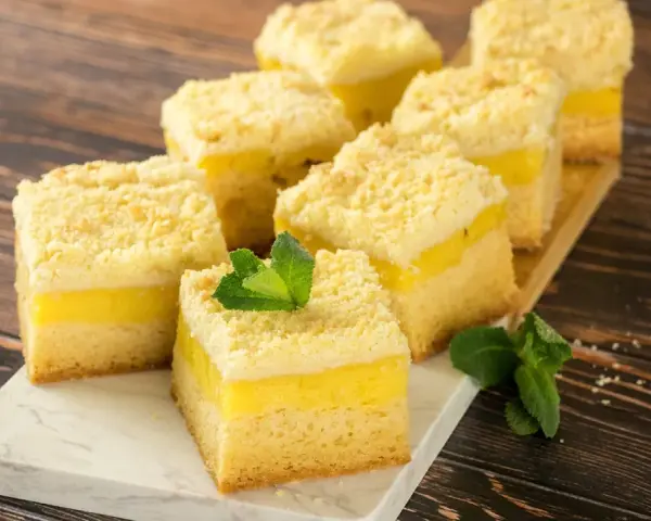 Saftige Kuchenstücke mit cremiger Puddingfüllung und Streuseln. Ein schneller Kuchen mit Pudding, der Lust auf mehr macht.