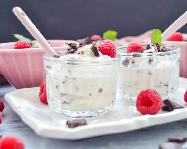 Leckeres Herrencreme Rezept: Cremiges Dessert mit Schokostückchen, frischen Himbeeren und Minze in Gläschen.