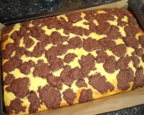 Ein frisch gebackener russischer Zupfkuchen im Blech, mit einem gelben Teig und dunklen Schokoladenstückchen darauf.