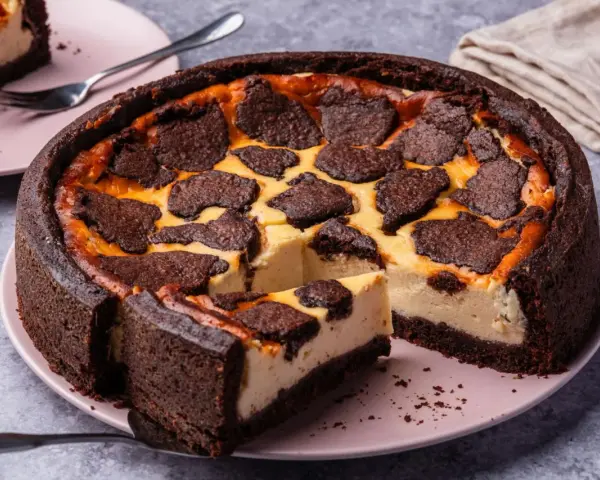 Ein saftiger russischer Zupfkuchen mit dunklem Schokoladenboden und cremiger Käsemasse, belegt mit zupfartigen Schokoladenstückchen.