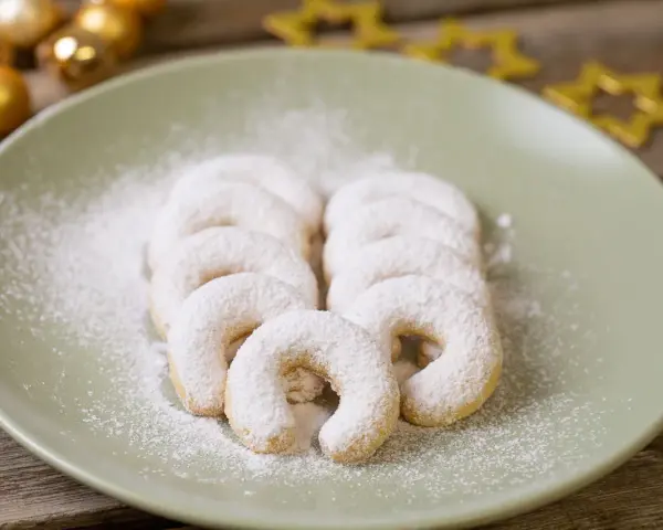 Vanillekipferl, bestäubt mit Puderzucker, liegen auf einem Teller. Goldene Kugeln und Sterne im Hintergrund deuten auf Weihnachten hin.