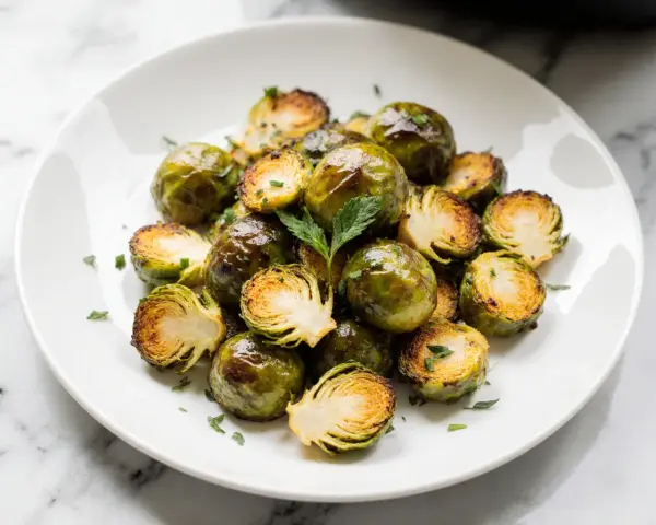 Knuspriger rosenkohl im airfryer, leicht gebräunt und mit Petersilie bestreut, auf einem weißen Teller serviert.