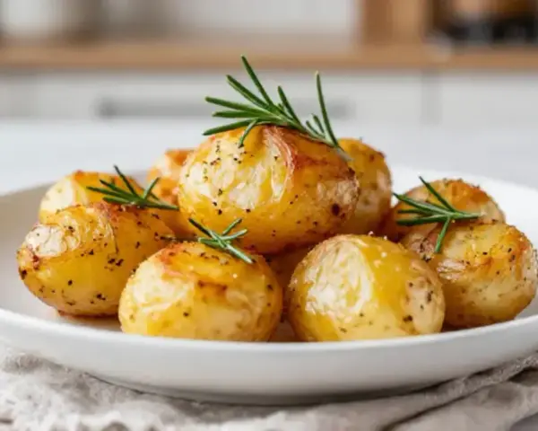 Goldbraune rosmarinkartoffeln im Airfryer, garniert mit frischem Rosmarin, auf einem weißen Teller.