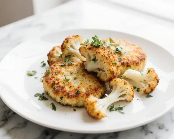 Knusprige Blumenkohl Schnitzel auf einem Teller, garniert mit frischer Petersilie. Ein leckeres vegetarisches Gericht.