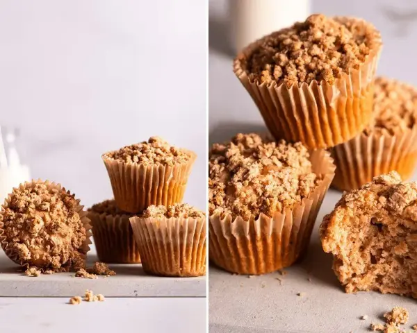 Saftige Apfelmus Muffins mit knuspriger Streuselhaube, daneben ein Glas Milch. Perfekt für den Nachmittagskaffee.