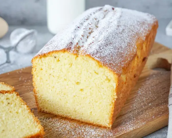 Ein saftiger Rührkuchen, bestäubt mit Puderzucker, perfekt für einen sonntagskuchen schnell und einfach.