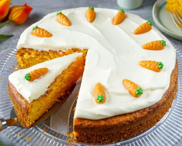 Ein saftiger Karottenkuchen mit cremigem Frosting, dekoriert mit kleinen Marzipan-Karotten. Perfekt für jedes Karottenkuchen Rezept!