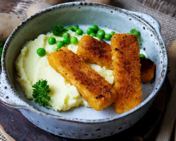 Knusprige Fischstäbchen auf cremigem Kartoffelbrei mit Erbsen und Petersilie – schnelle Gerichte mit Kartoffelbrei, die immer schmecken.