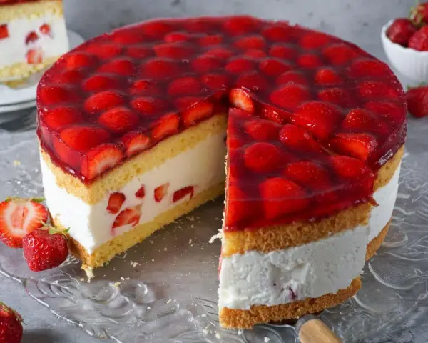 Saftige Erdbeertorte mit viel frischen Früchten und Sahne. Ein perfektes Erdbeertorte Rezept für den Sommer.