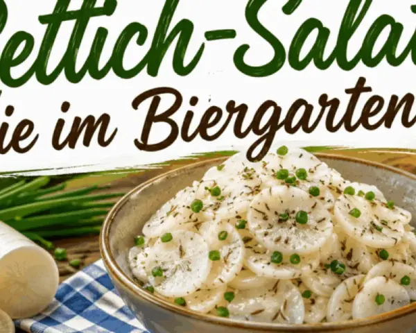 Frischer Rettichsalat, wie im Biergarten, mit Radieschen, Schnittlauch und einem Bier.