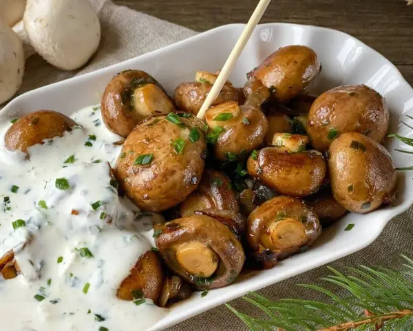 Herzhafte Champignons wie vom Weihnachtsmarkt, glasiert und mit Kräutern bestreut, serviert mit cremiger Sauce.