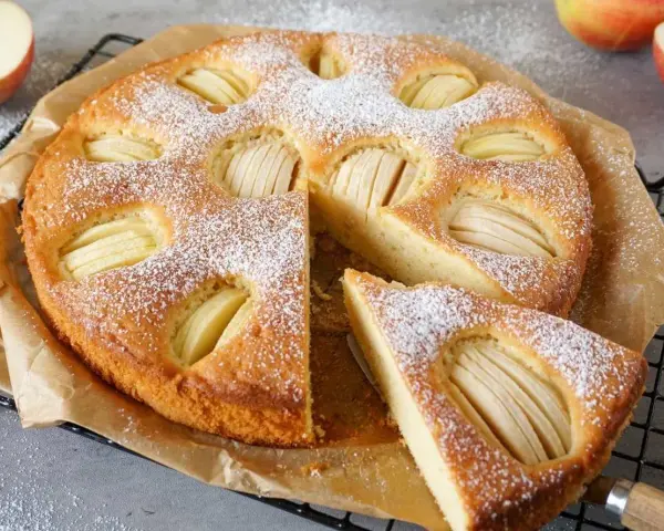 Ein saftiger Apfelkuchen, bestäubt mit Puderzucker. Dieses Apfelkuchen Rezept ist einfach und gelingt immer.