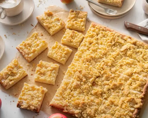Ein frisch gebackener Apfelkuchen mit Streusel, aufgeteilt in rechteckige Stücke, daneben Äpfel und eine Tasse Kaffee.
