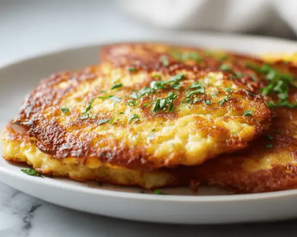 Goldbraune Kartoffelpuffer im Airfryer, garniert mit frischer Petersilie, auf einem weißen Teller.