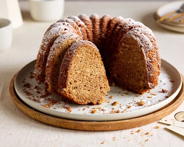 Ein saftiger Kuchen mit Dinkelmehl, bestäubt mit Puderzucker, liegt auf einem Teller. Ein Stück ist herausgeschnitten.