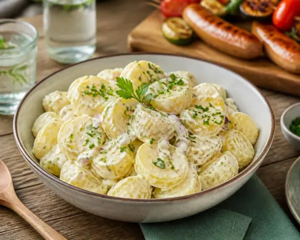 Cremiger Kartoffelsalat mit Schmand, garniert mit frischer Petersilie, bereit für ein Grillfest.