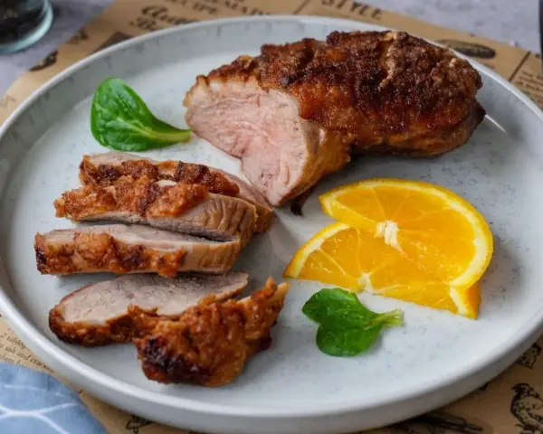 Saftige entenbrust im airfryer, perfekt gebräunt und in Scheiben geschnitten, serviert mit frischen Orangenscheiben und grünen Blättern.