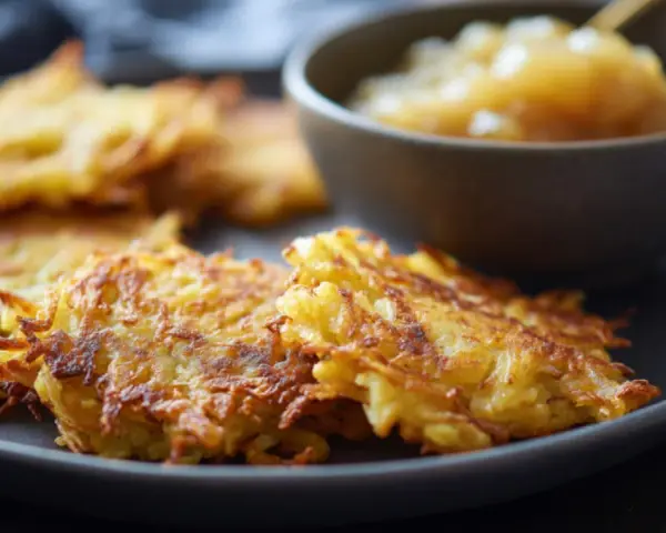 Knusprige Kartoffelpuffer mit süßem Apfelmus auf einem Teller. Ein Klassiker, der immer schmeckt.