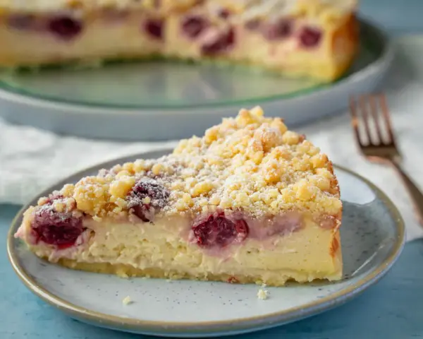 Ein Stück saftiger, schneller Quark Kirsch-Kuchen mit Streuseln und Puderzucker bestäubt.