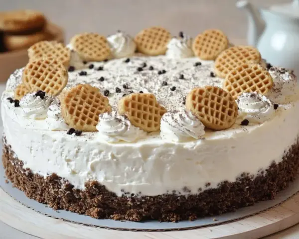 Cremige Mohrenkopftorte mit Keksboden, verziert mit Sahnetuffs, Schokostreuseln und kleinen Waffeln. Ein Traum für jeden Kaffeetisch!