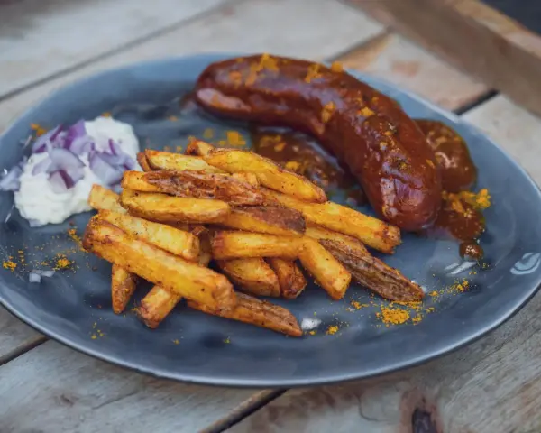 Eine saftige Currywurst im Backofen mit knusprigen Pommes und einem Klecks Mayo mit Zwiebeln.