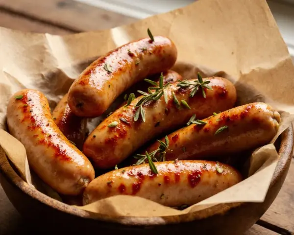 Saftige bratwurst im airfryer, goldbraun und mit Rosmarin garniert, serviert in einer Holzschale auf rustikalem Tisch.