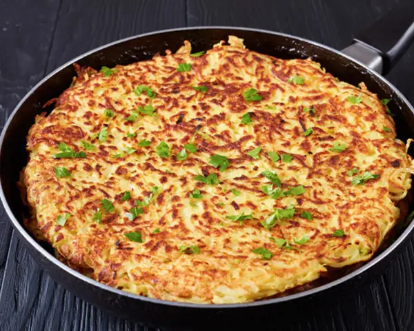 Goldbraune Kartoffel-Rösti in einer Pfanne, garniert mit Petersilie. Ein einfaches und leckeres schales Rezept für jeden Tag.
