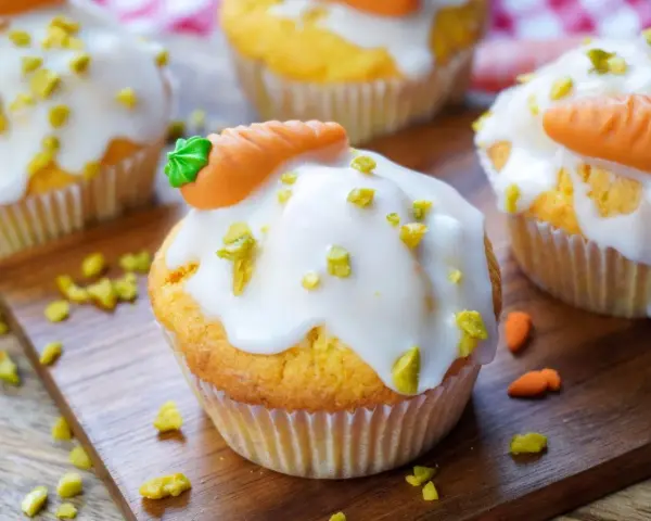 Leckere Karottenmuffins mit Zuckerguss und Marzipan-Karotten. Ein tolles Rezept für Ostern oder einfach so!