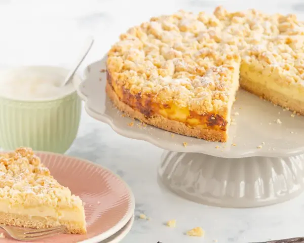 Ein saftiger Streuselkuchen mit Puddingfüllung, bestäubt mit Puderzucker. Daneben eine Tasse Cappuccino.