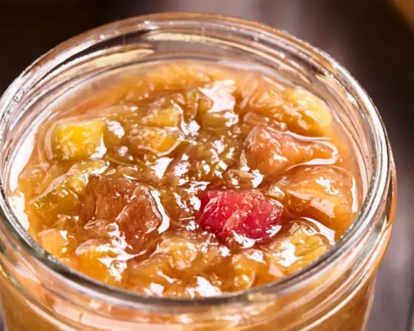Ein Glas mit leuchtend rotem und goldenem Rhabarber-Chutney, bereit zum Genießen.
