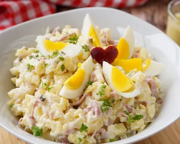 Herzhafter Kartoffelsalat mit Fleischsalat, garniert mit Ei und Petersilie. Ein Klassiker, der immer schmeckt.