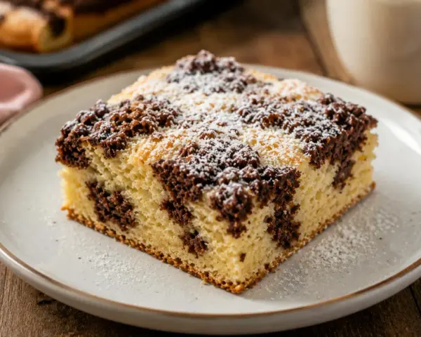 Ein Stück saftiger Wolkenkuchen mit Schokostreuseln und Puderzucker. Dieses Wolkenkuchen Rezept ist ein Genuss!